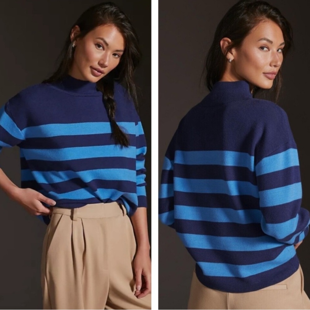 Maeve Carys mock-neck sweater in blue stripe